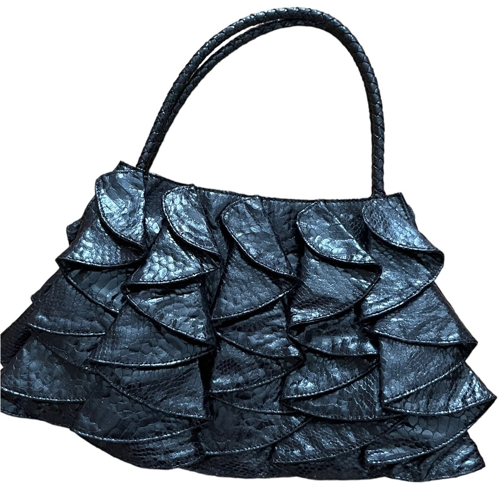 Sandra Roberts SR squared black ruffled, shoulder bag, black textured, leather